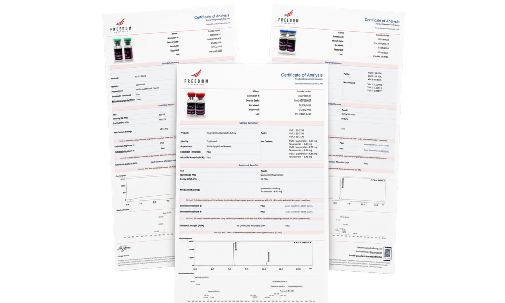 Third-party tested peptide COAs from Freedom Diagnostics for Protide Health.