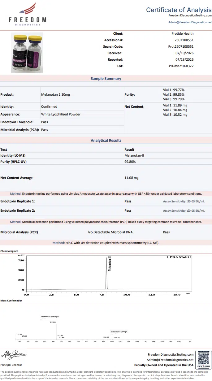 Source COA scan, Melanotan 2 10mg lot PH-mn210-0327