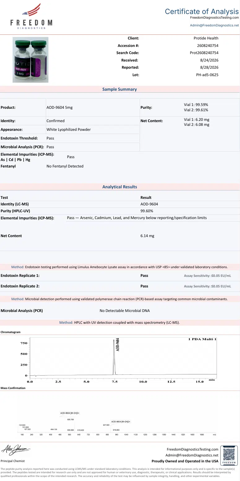 Source COA scan, AOD-9604 5mg lot PH-ad5-0625