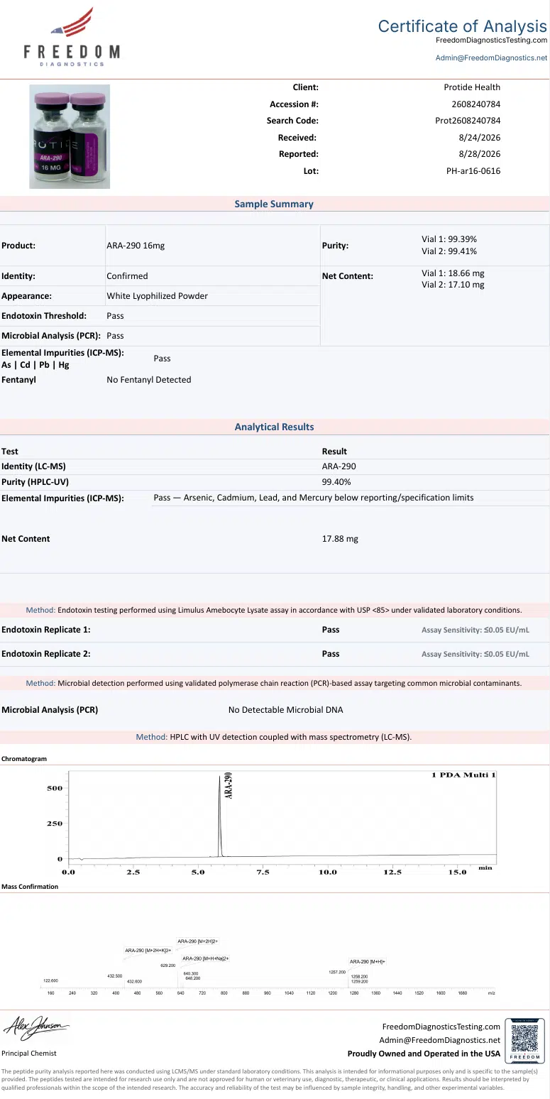 Source COA scan, ARA-290 16mg lot PH-ar16-0616