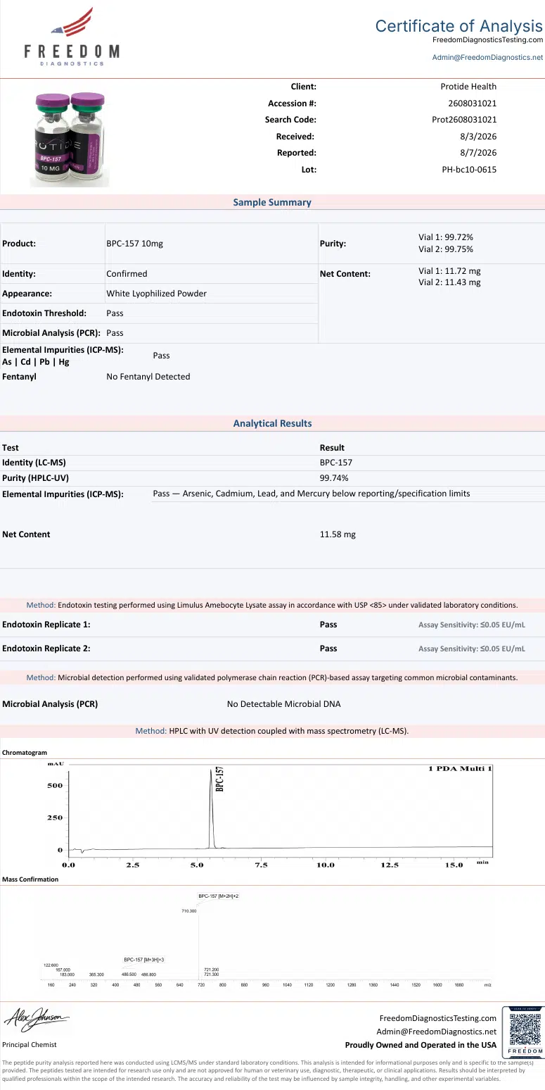 Source COA scan, BPC-157 10mg lot PH-bc10-0615