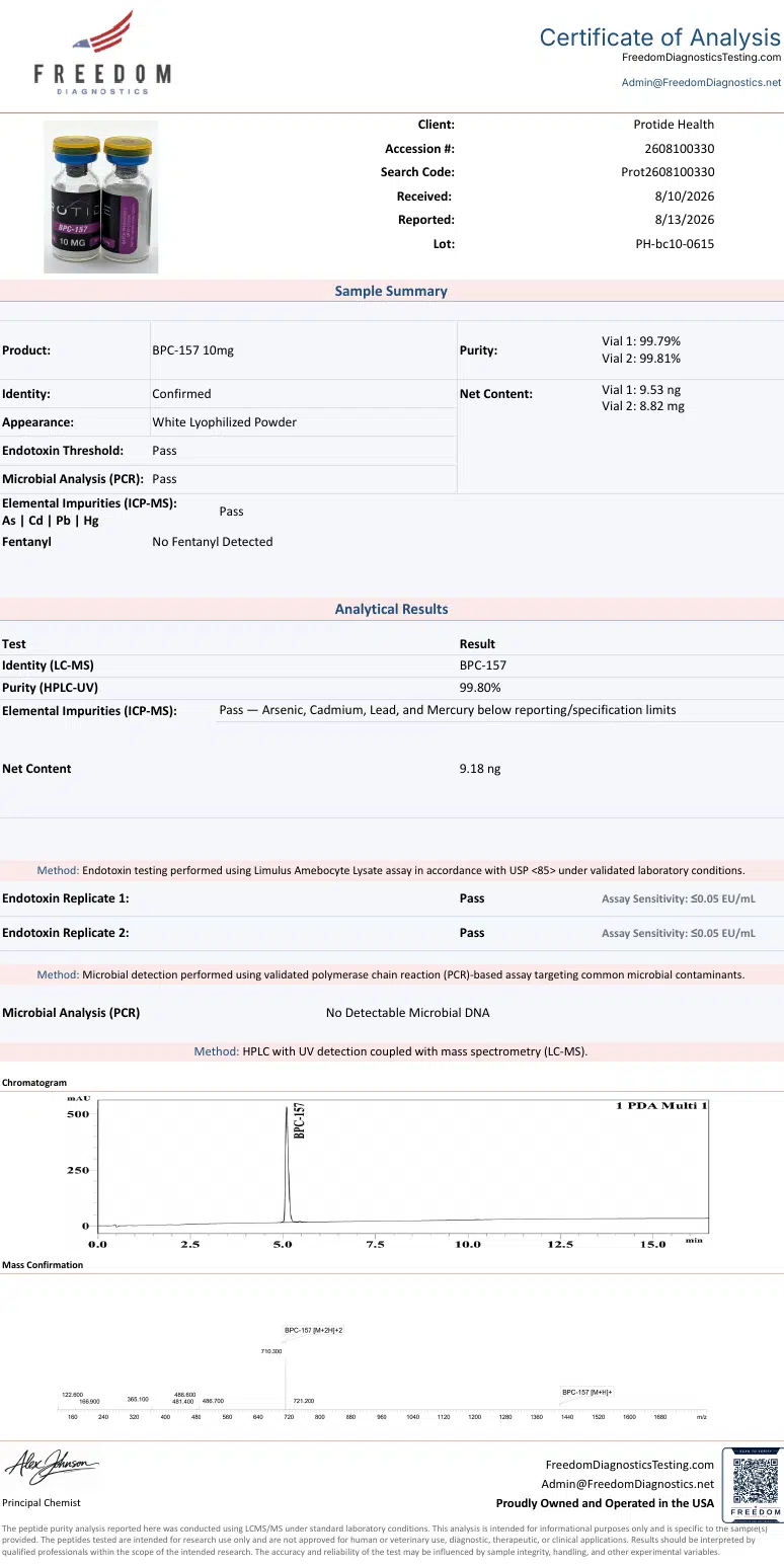 Source COA scan, BPC-157 10mg lot PH-bc10-0615