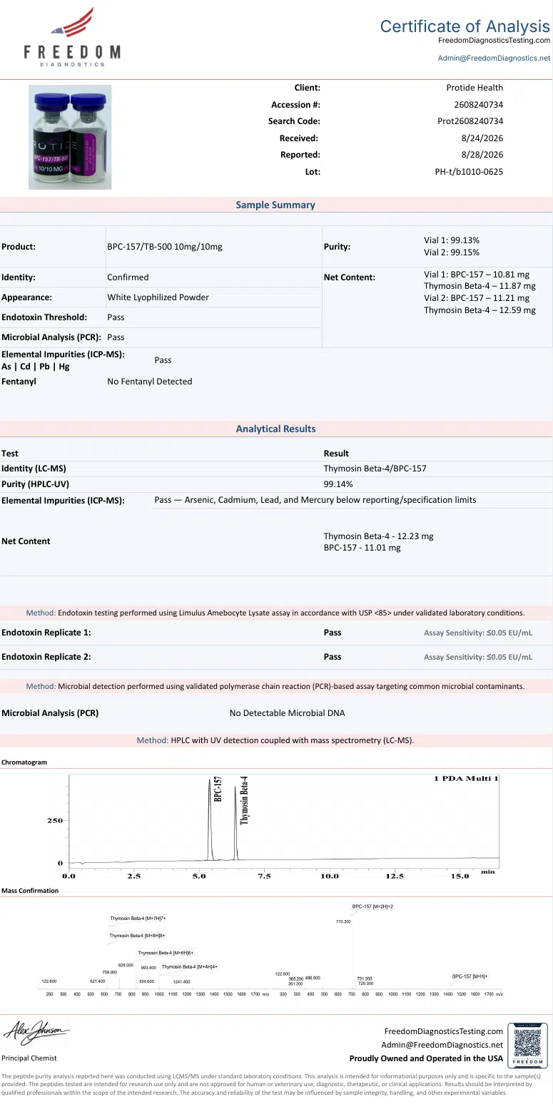 Source COA scan, BPC-157/TB-500 10mg/10mg lot PH-t/b1010-0625