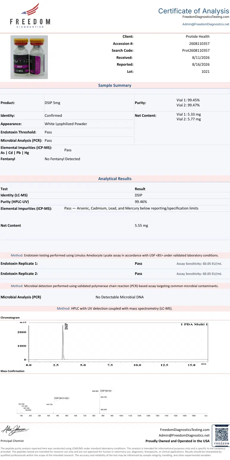 Source COA scan, DSIP 5mg lot 1021