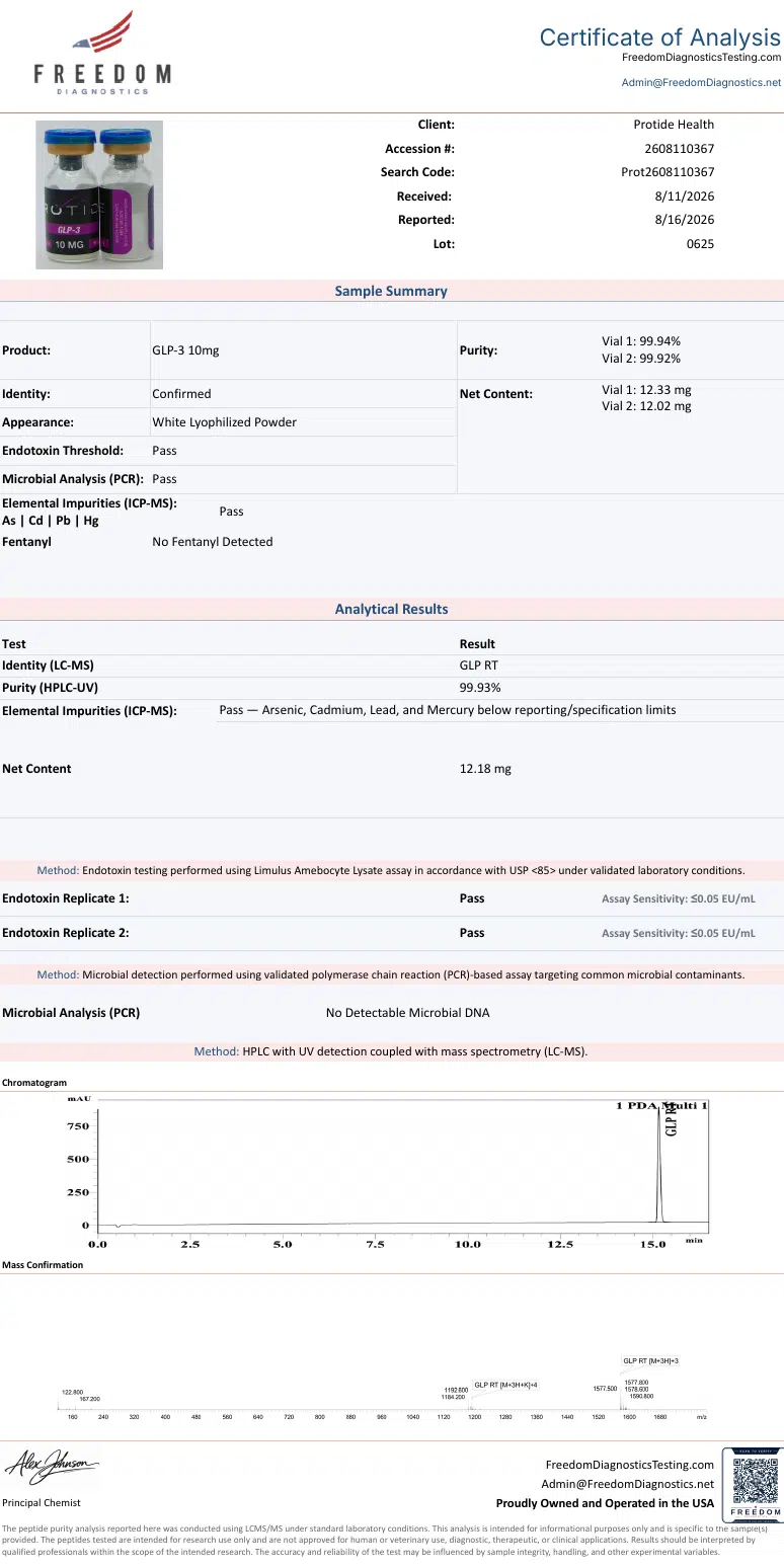 Source COA scan, GLP-3 10mg lot 0625