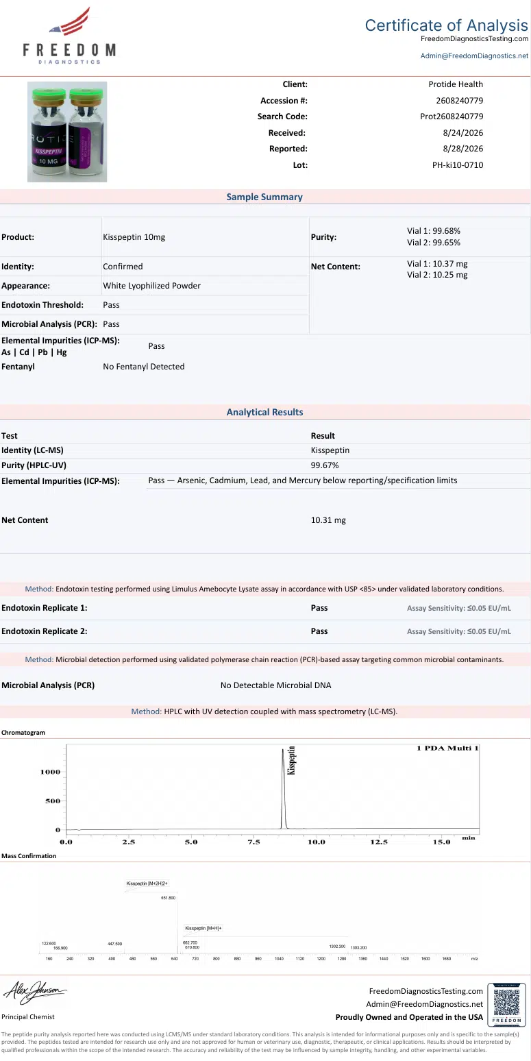 Source COA scan, Kisspeptin 10mg lot PH-ki10-0710