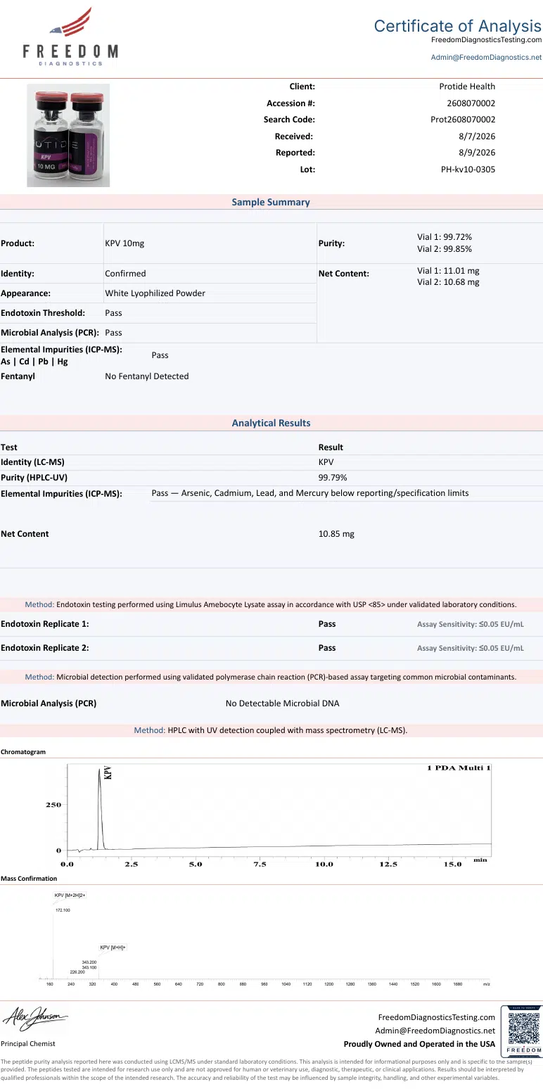 Source COA scan, KPV 10mg lot PH-kv10-0305