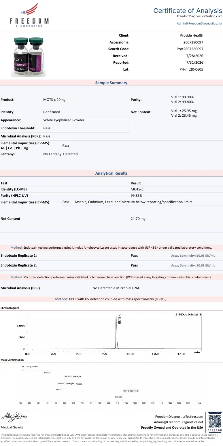 Source COA scan, MOTS-c 20mg lot PH-mc20-0605