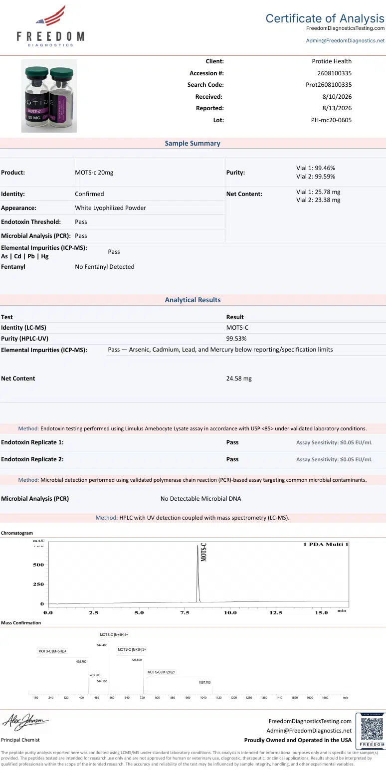 Source COA scan, MOTS-c 20mg lot PH-mc20-0605