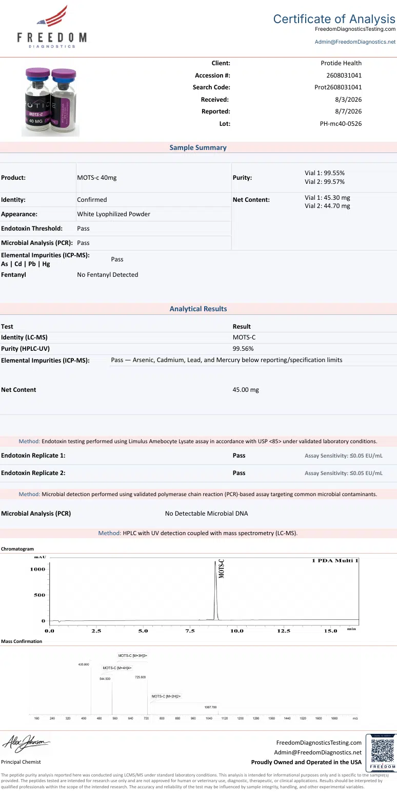 Source COA scan, MOTS-c 40mg lot PH-mc40-0526