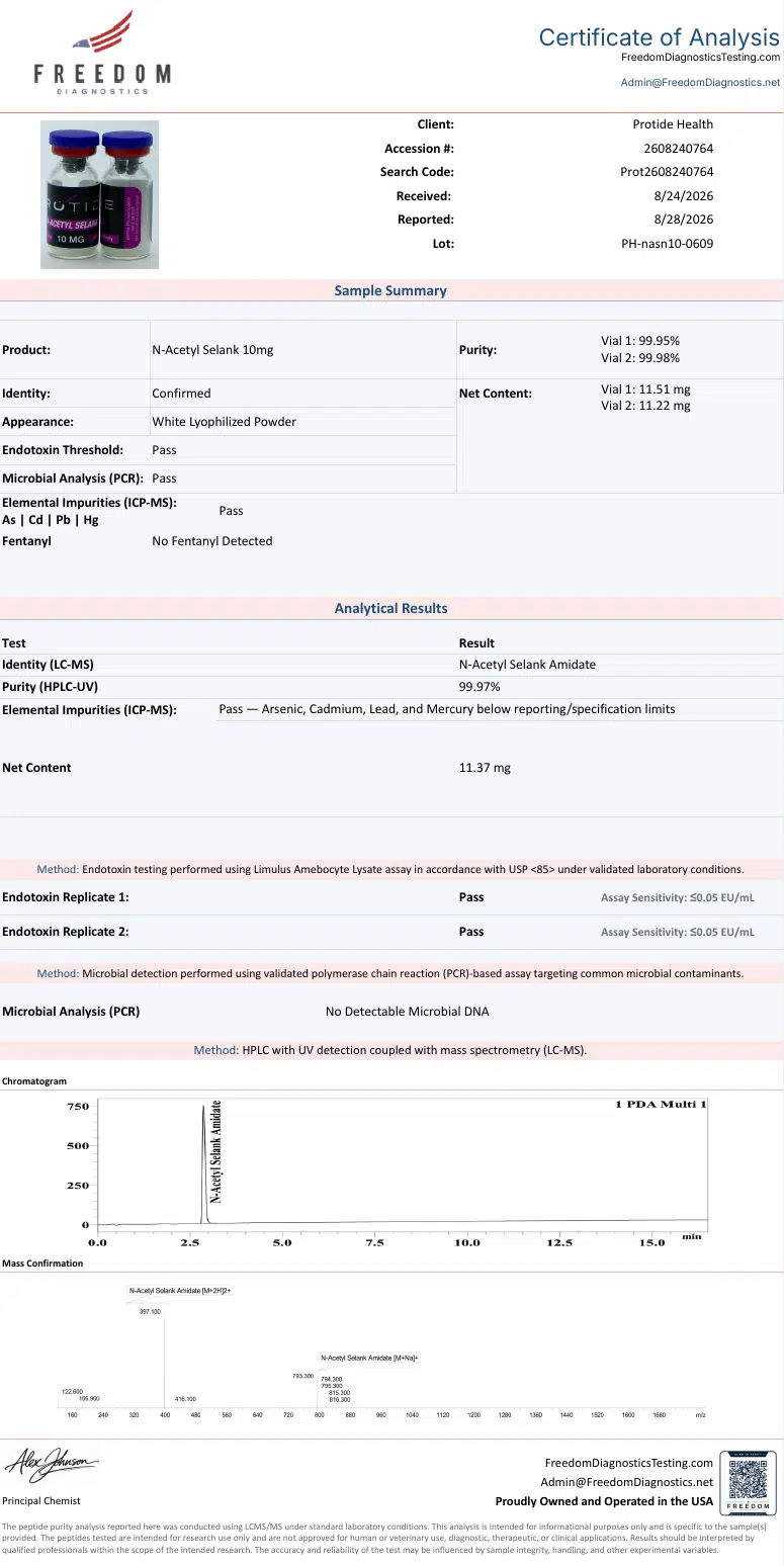 Source COA scan, N-Acetyl Selank 10mg lot PH-nasn10-0609