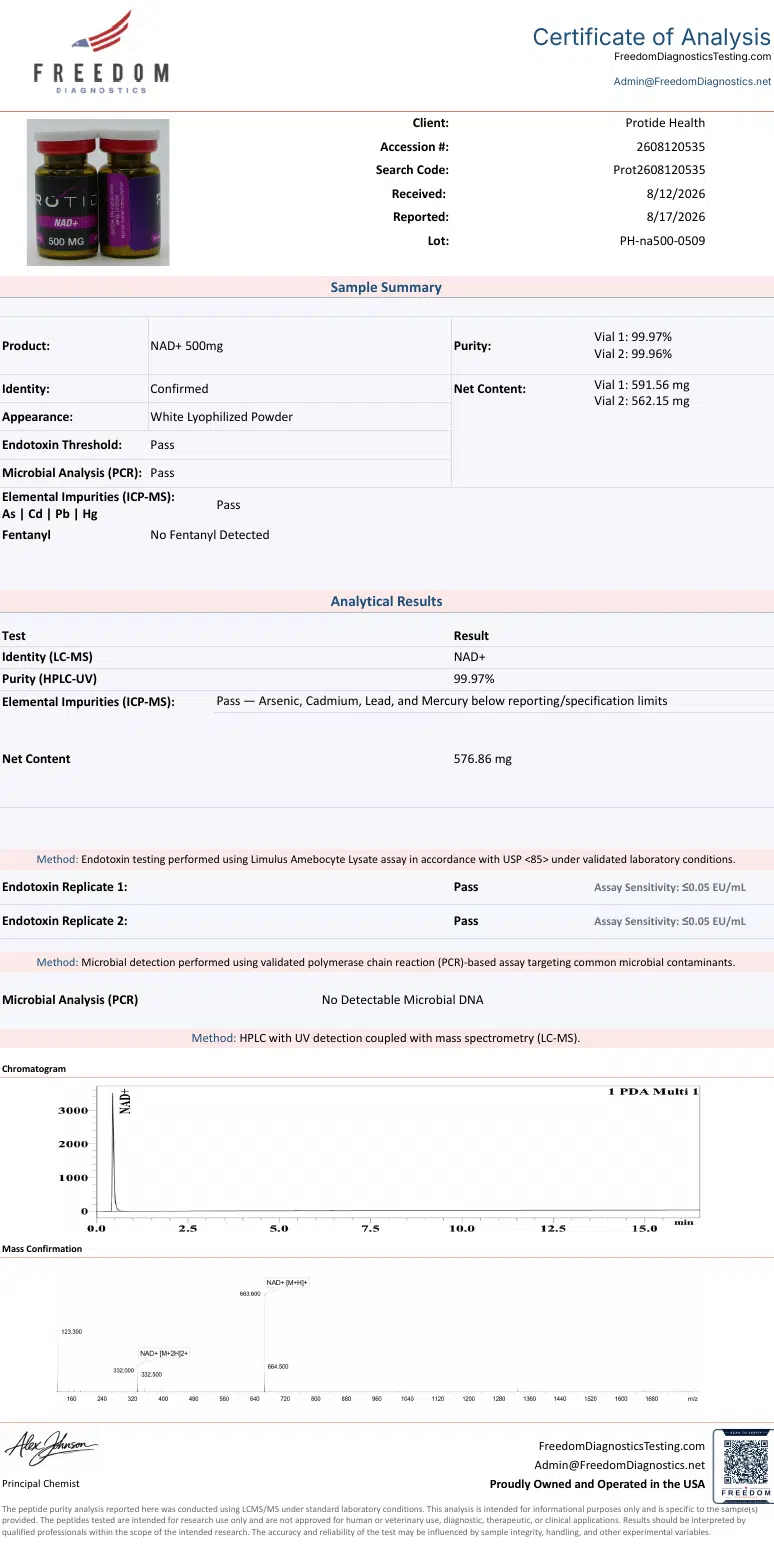 Source COA scan, NAD+ 500mg lot PH-na500-0509