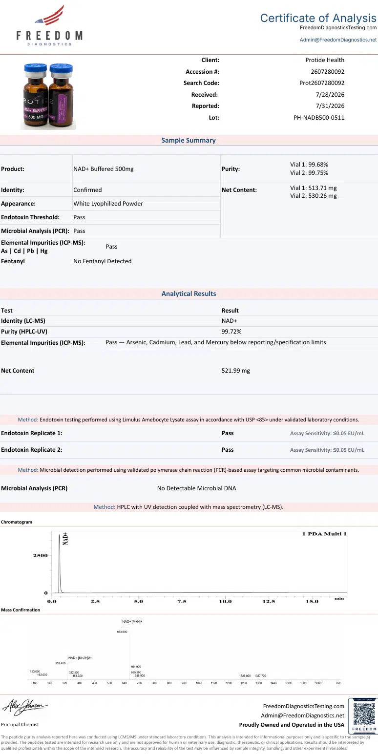 Source COA scan, NAD+ Buffered 500mg lot PH-NADB500-0511