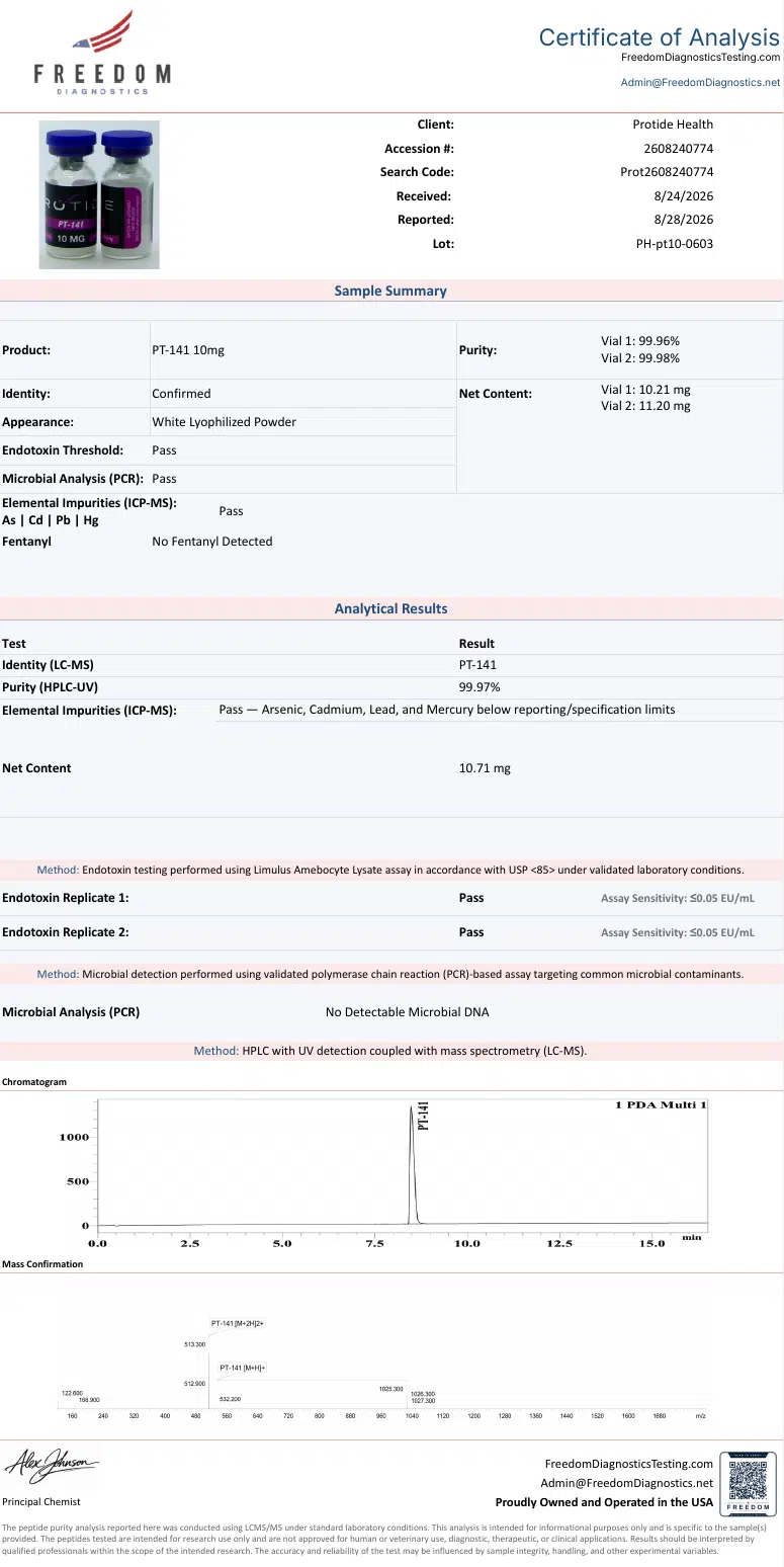 Source COA scan, PT-141 10mg lot PH-pt10-0603