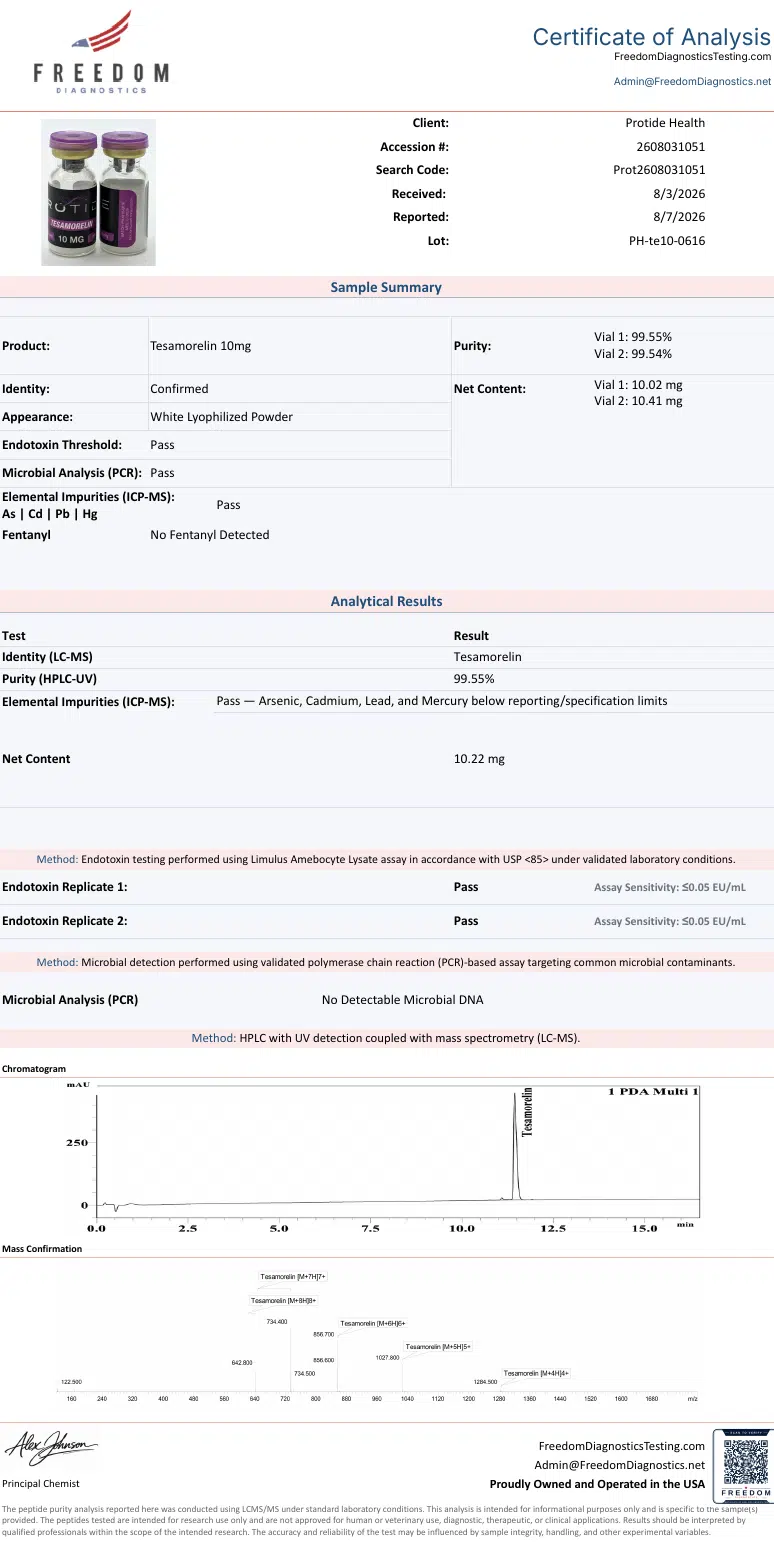 Source COA scan, Tesamorelin 10mg lot PH-te10-0616