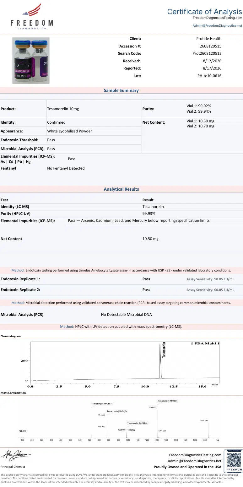 Source COA scan, Tesamorelin 10mg lot PH-te10-0616