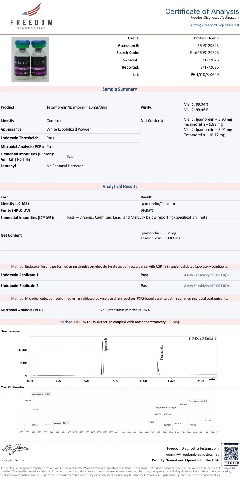 Source COA scan, Tesamorelin/Ipamorelin 10mg/3mg lot PH-t/i10/3-0609