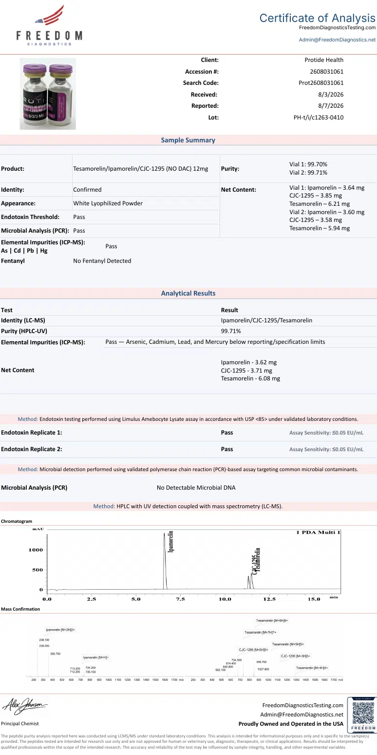 Source COA scan, Tesamorelin/Ipamorelin/CJC-1295 (No DAC) 12mg lot PH-t/i/c1263-0410