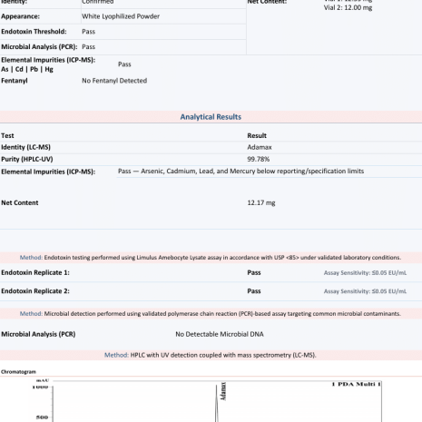 adamax-10mg-coa-2609040659 Adamax 10mg Certificate of Analysis from Freedom Diagnostics showing 99.78% HPLC purity for Protide Health, lot PH-ada10-0727
