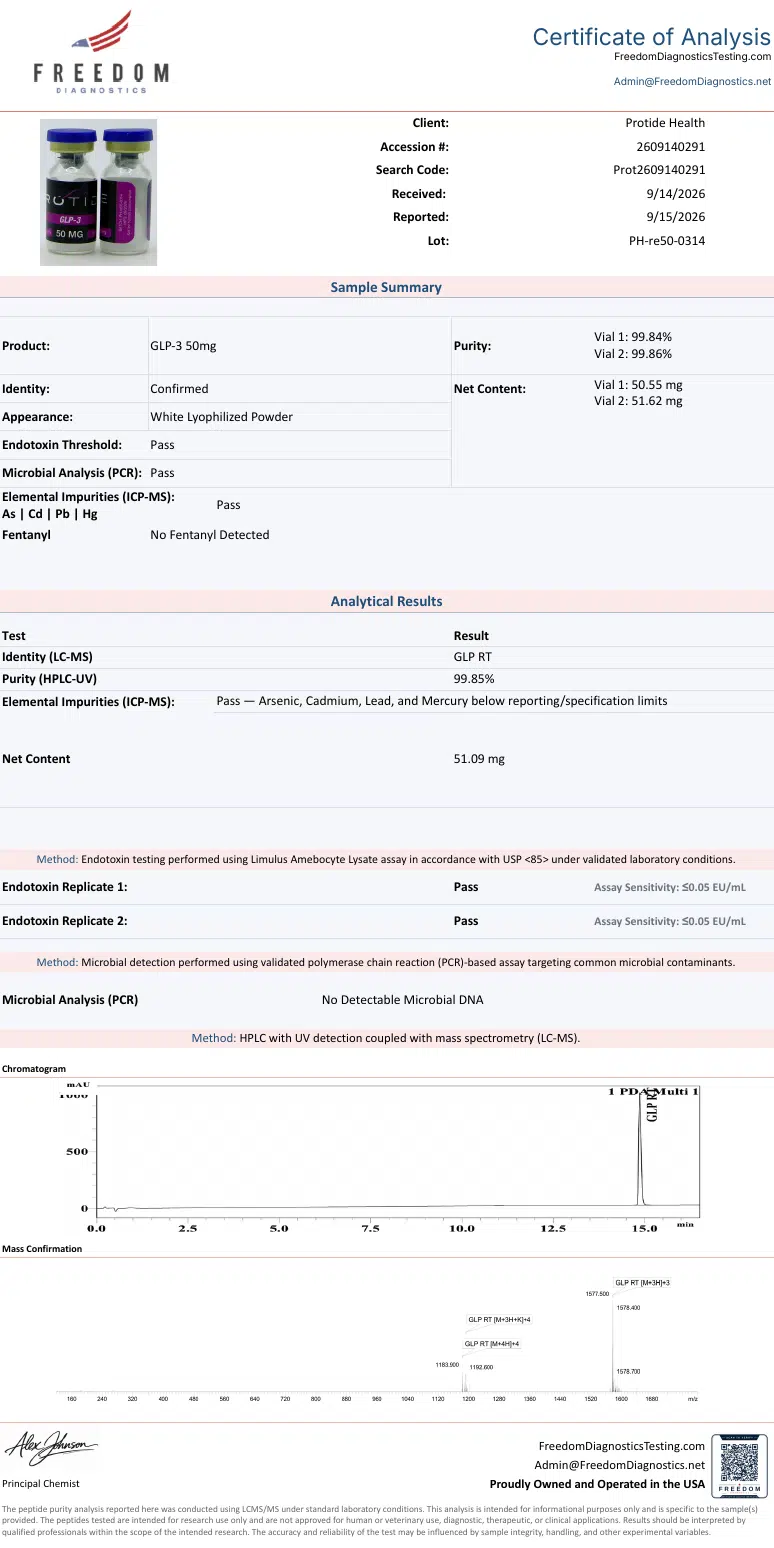 Source COA scan, GLP-3 50mg lot PH-re50-0314