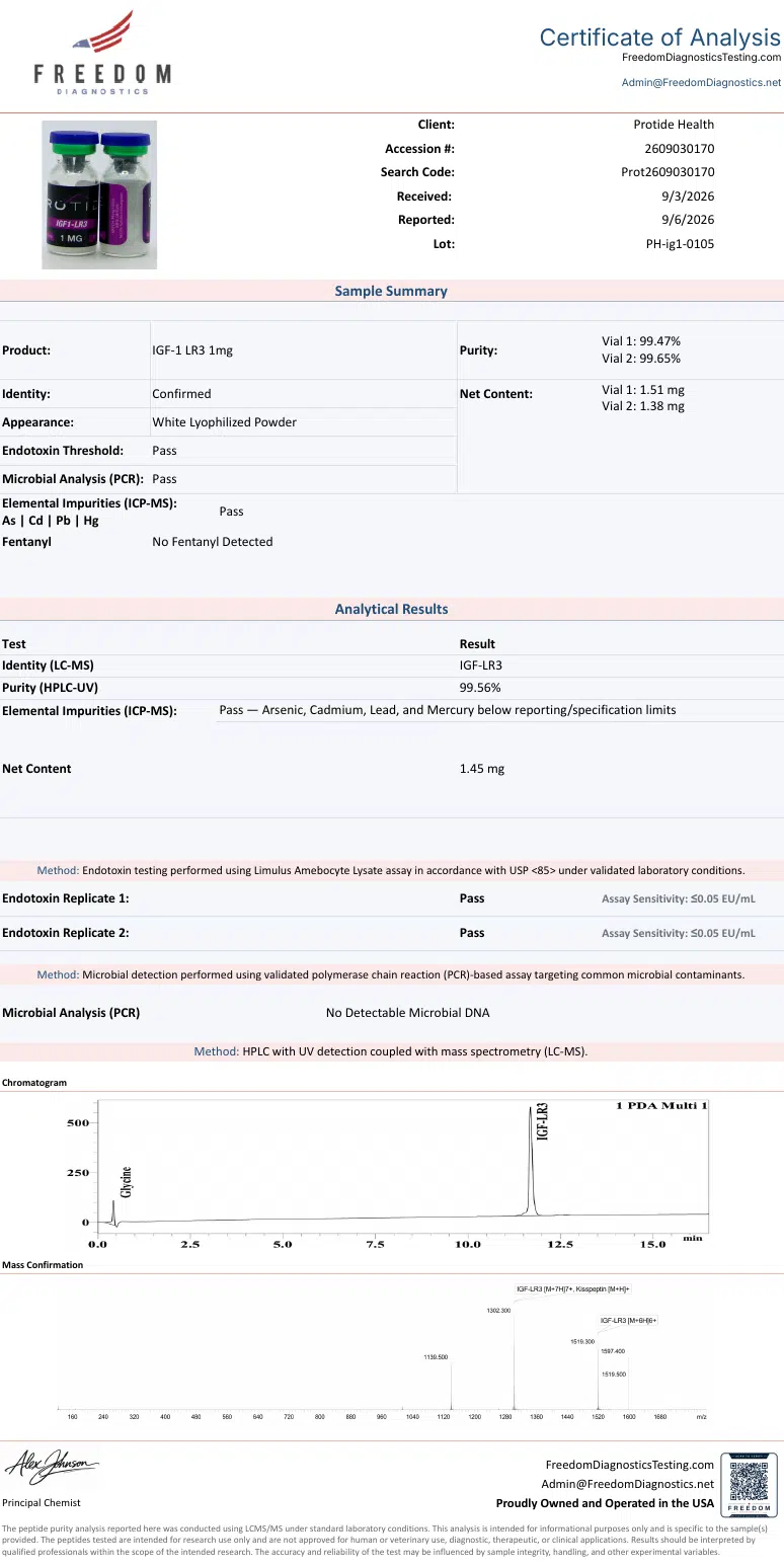 Source COA scan, IGF-1 LR3 1mg lot PH-ig1-0105