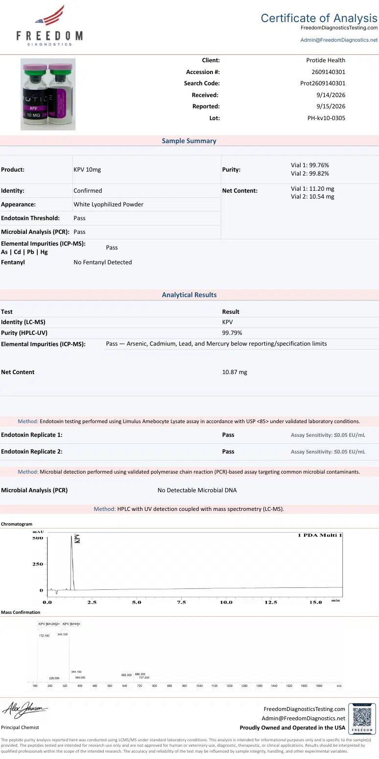 Source COA scan, KPV 10mg lot PH-kv10-0305