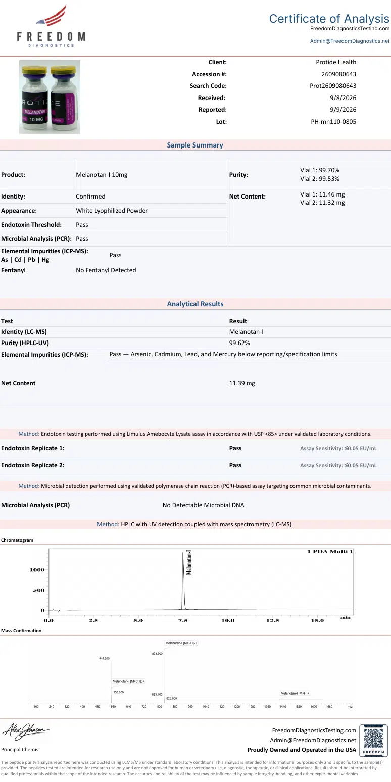 Source COA scan, Melanotan-1 10mg lot PH-mn110-0805