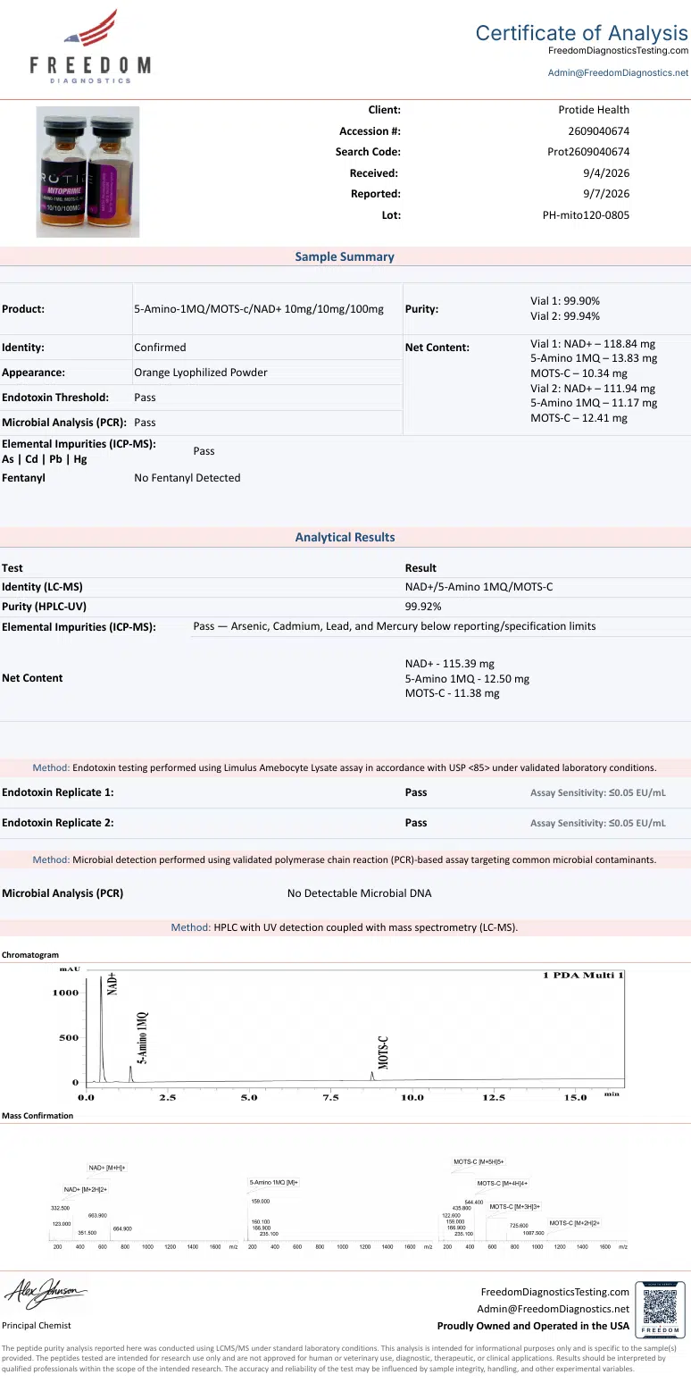 Source COA scan, Mitoprime 120mg (NAD+/5-Amino 1-MQ/MOTS-C) lot PH-mito120-0805