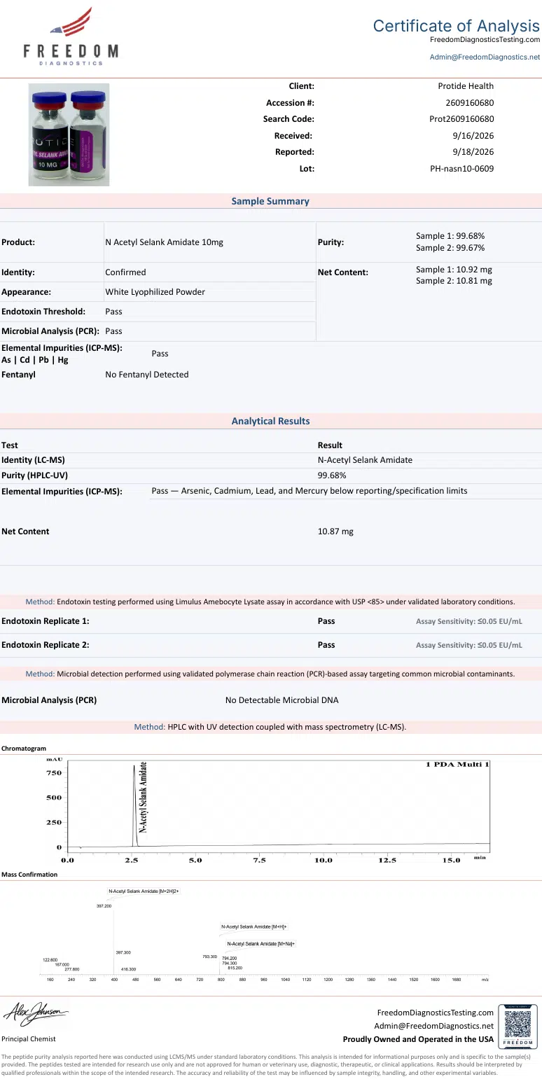 Source COA scan, N-Acetyl Selank 10mg lot PH-nasn10-0609