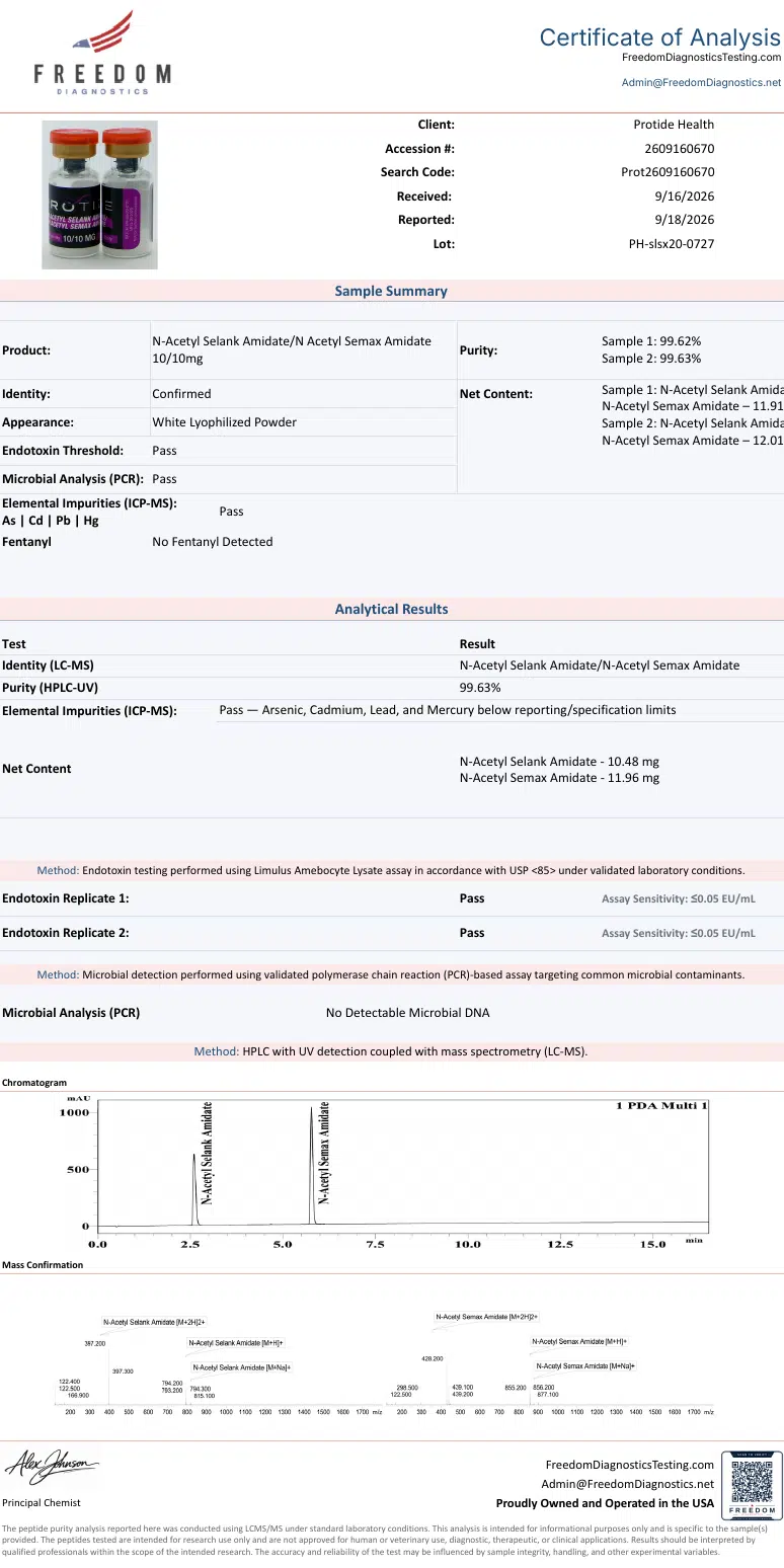 Source COA scan, N-Acetyl Selank/N-Acetyl Semax 10mg/10mg lot PH-slsx20-0727