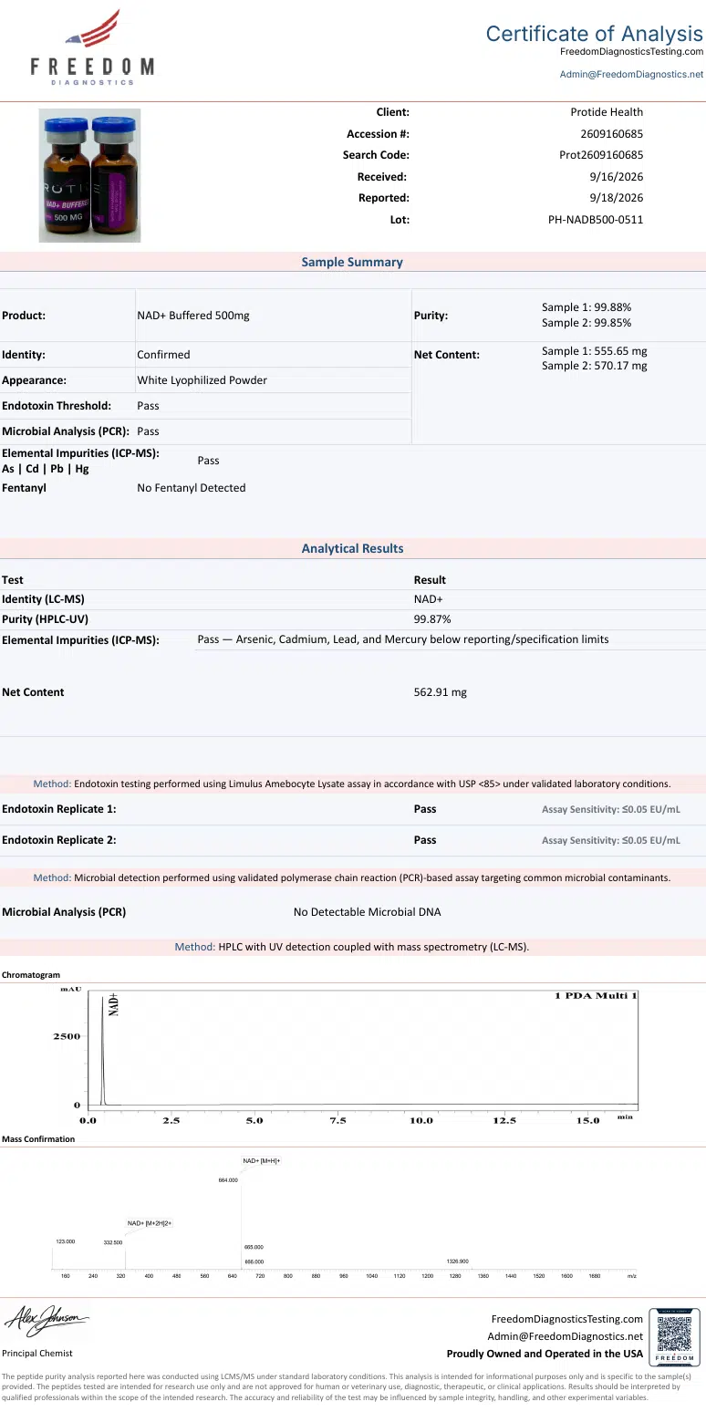 Source COA scan, NAD+ Buffered 500mg lot PH-NADB500-0511