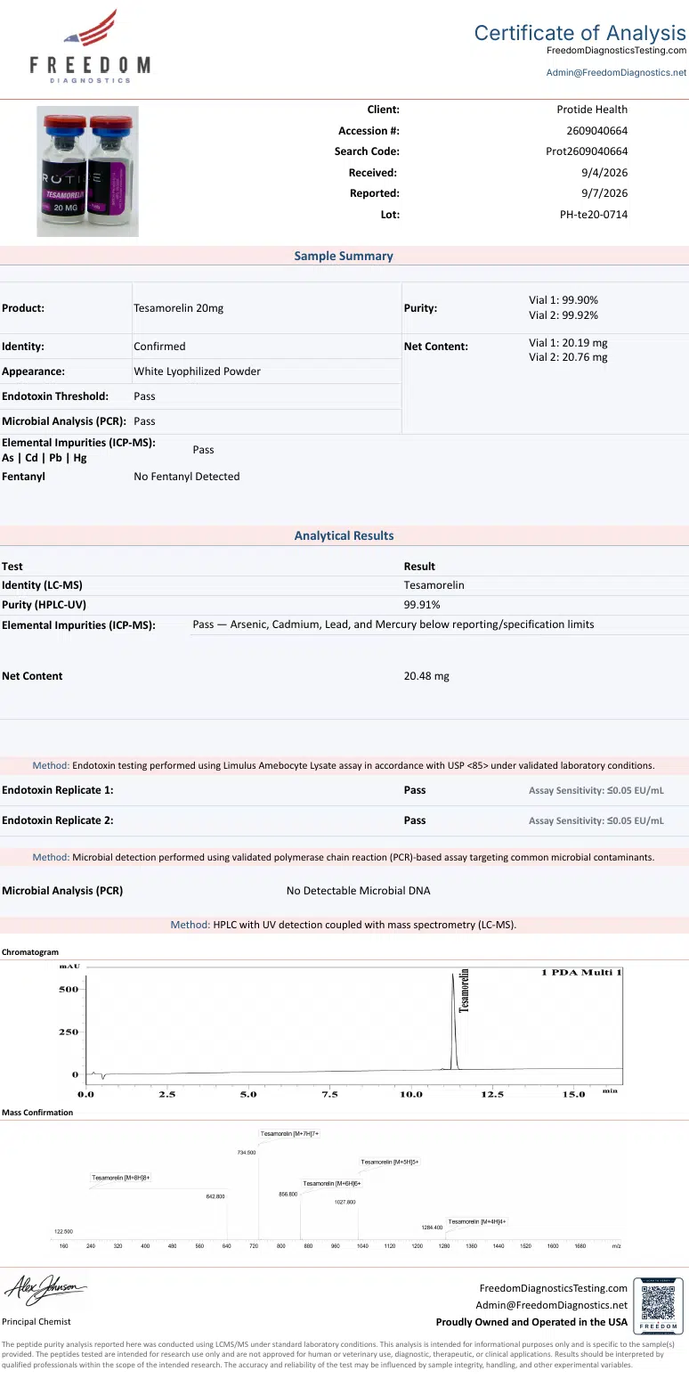 Source COA scan, Tesamorelin 20mg lot PH-te20-0714