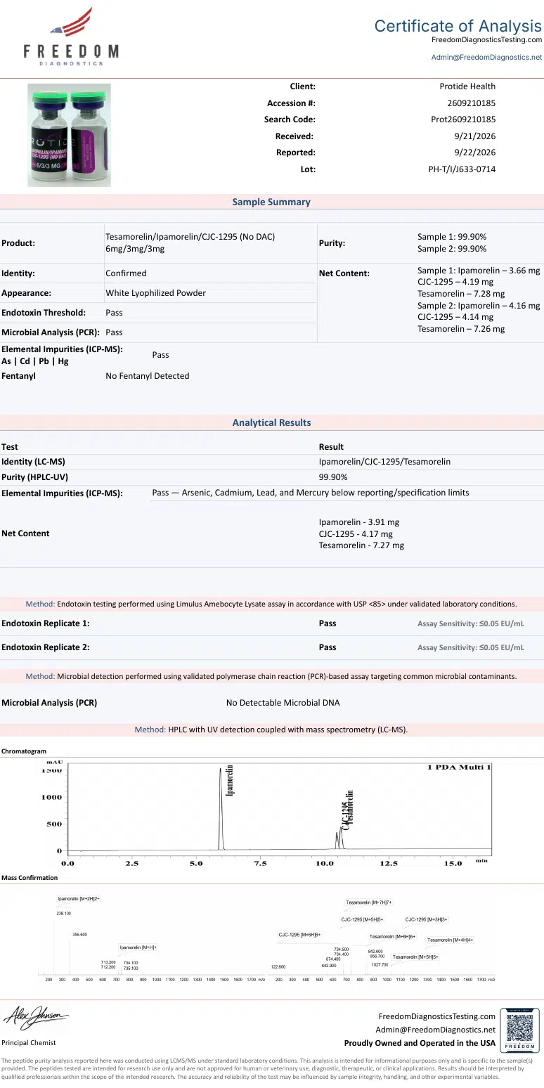 Source COA scan, Tesamorelin/Ipamorelin/CJC-1295 (No DAC) 12mg lot PH-T/I/J633-0714