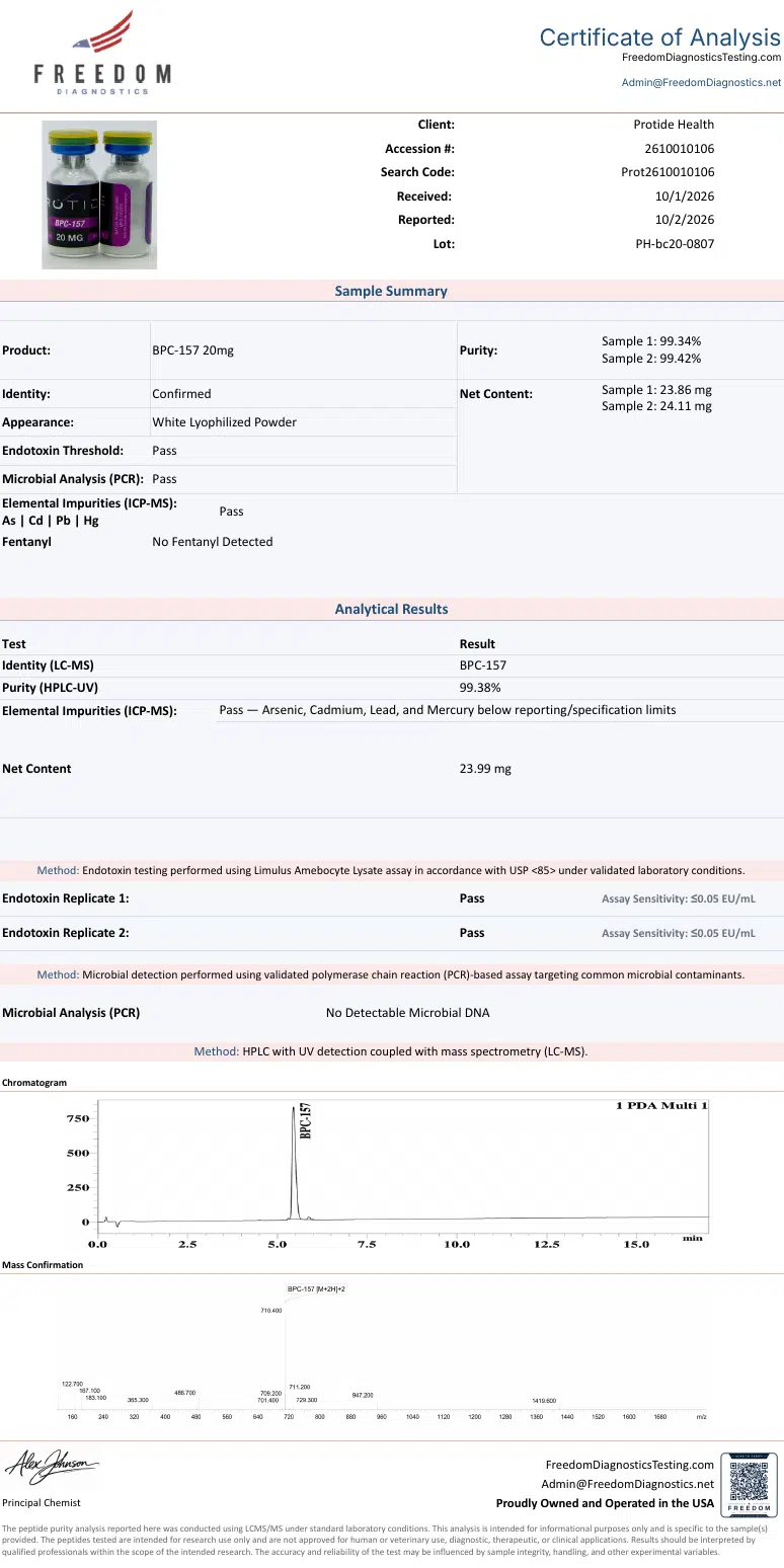 Source COA scan, BPC-157 20mg lot PH-bc20-0807