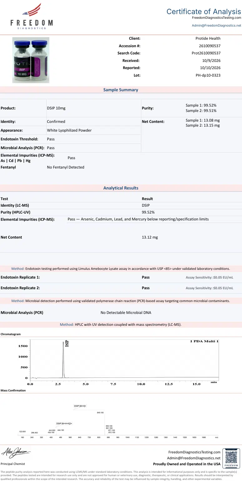 Source COA scan, DSIP 10mg lot PH-dp10-0323