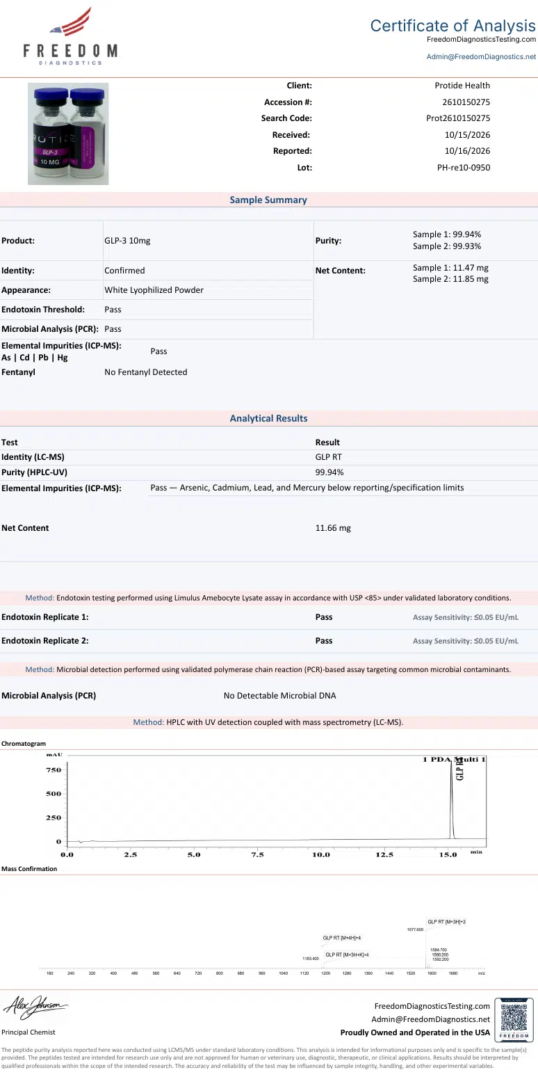 Source COA scan, GLP-3 10mg lot PH-re10-0950