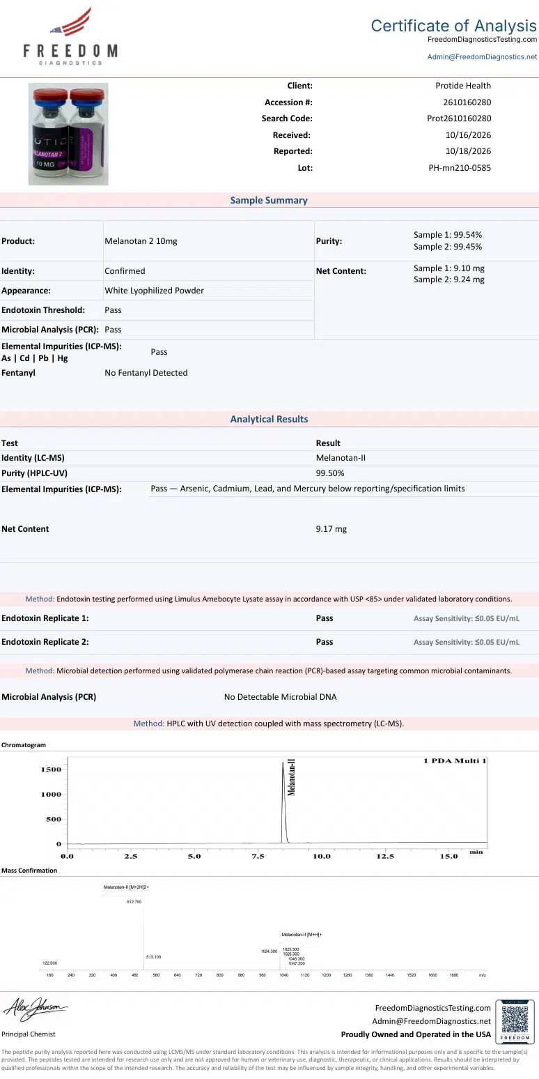 Source COA scan, Melanotan 2 10mg lot PH-mn210-0585