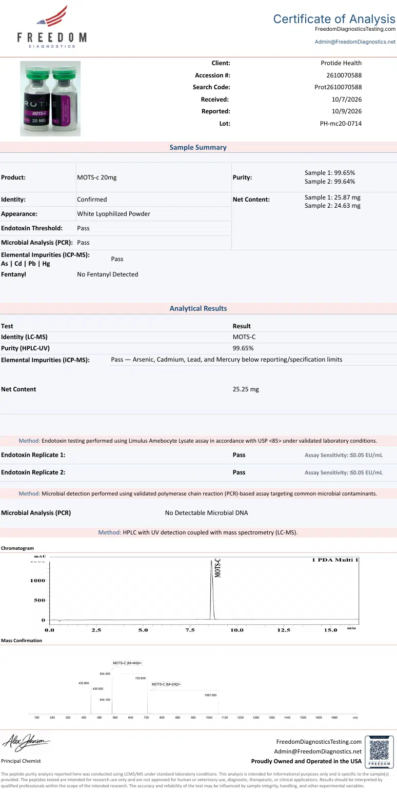 Source COA scan, MOTS-c 20mg lot PH-mc20-0714