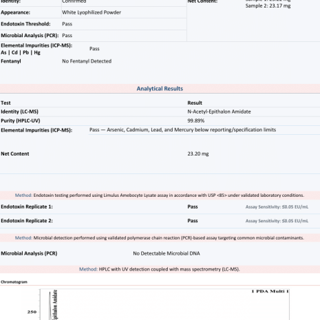 n-acetyl-epithalon-20mg-coa-2610160270 N-Acetyl Epithalon 20mg Certificate of Analysis from Freedom Diagnostics showing 99.89% HPLC purity for Protide Health, lot PH-NAEP20-1452