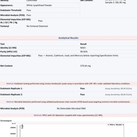 nad-500mg-coa-2610070593 NAD+ 500mg Certificate of Analysis from Freedom Diagnostics showing 99.92% HPLC purity for Protide Health, lot PH-na500-0509