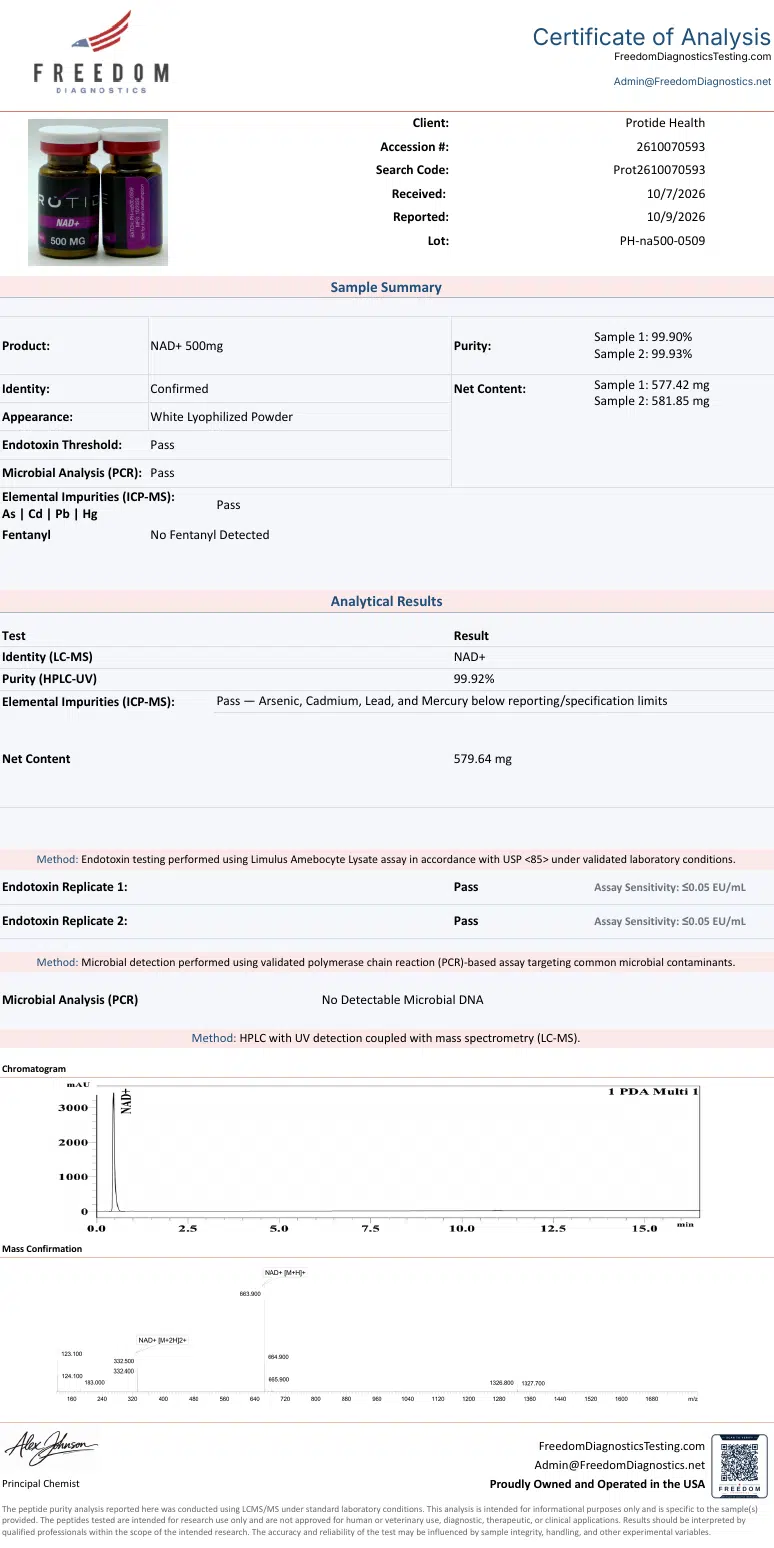 Source COA scan, NAD+ 500mg lot PH-na500-0509
