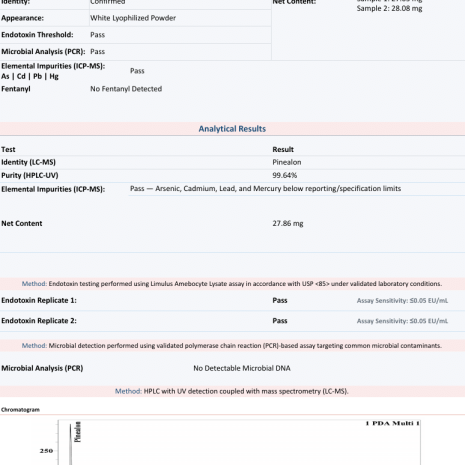 pinealon-20mg-coa-2609240615 Pinealon 20mg Certificate of Analysis from Freedom Diagnostics showing 99.64% HPLC purity for Protide Health, lot PH-pi20-0410