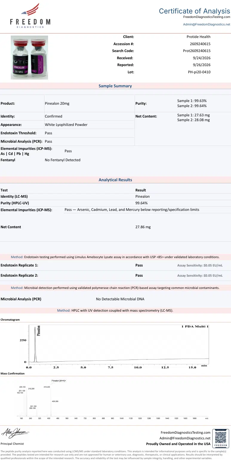 Source COA scan, Pinealon 20mg lot PH-pi20-0410