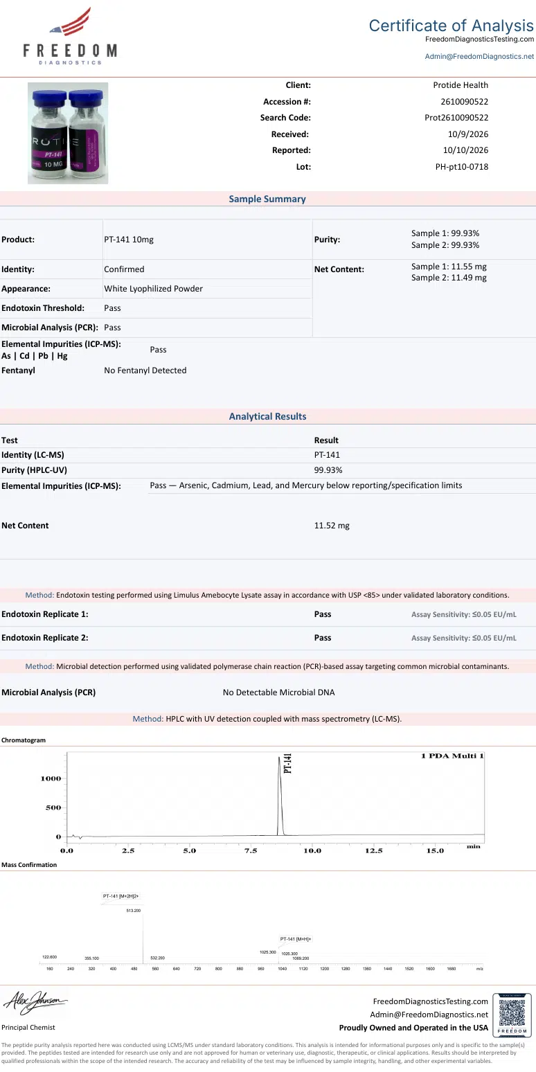 Source COA scan, PT-141 10mg lot PH-pt10-0718