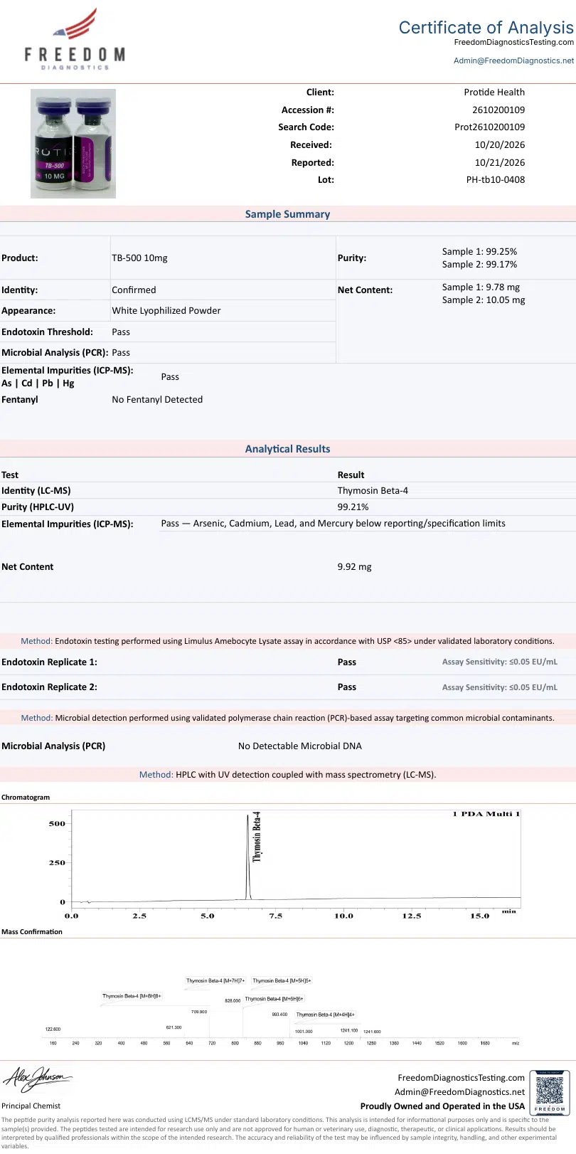 Source COA scan, TB-500 10mg lot PH-tb10-0408