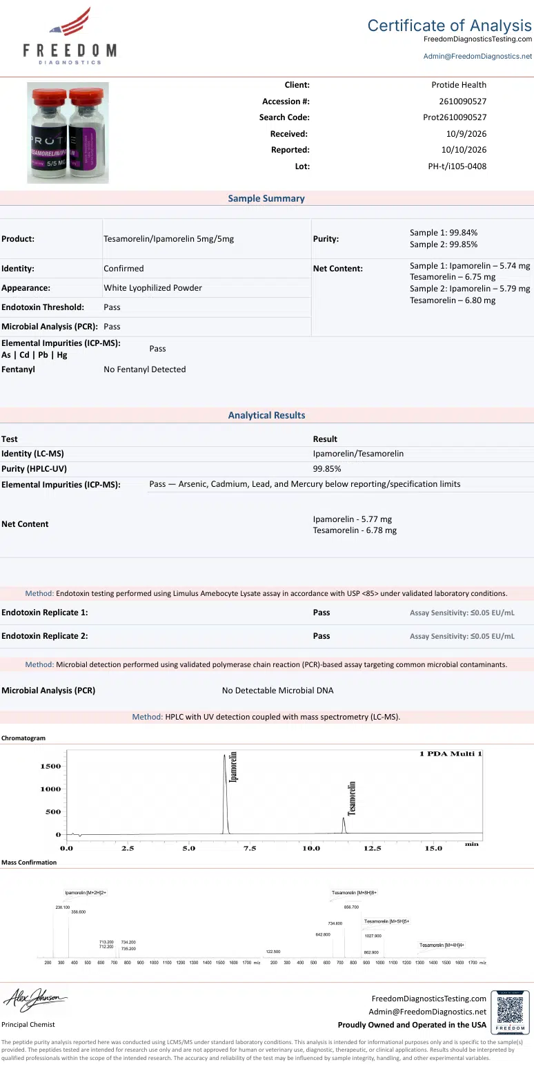 Source COA scan, Tesamorelin/Ipamorelin 5mg/5mg lot PH-t/i105-0408