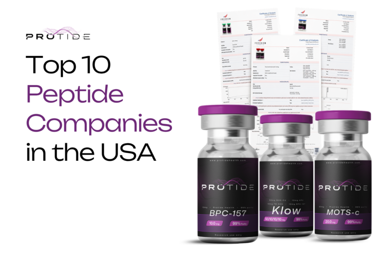 "Top 10 Peptide Companies in the USA," featuring "Protide Health" branded peptide vials and COAs.