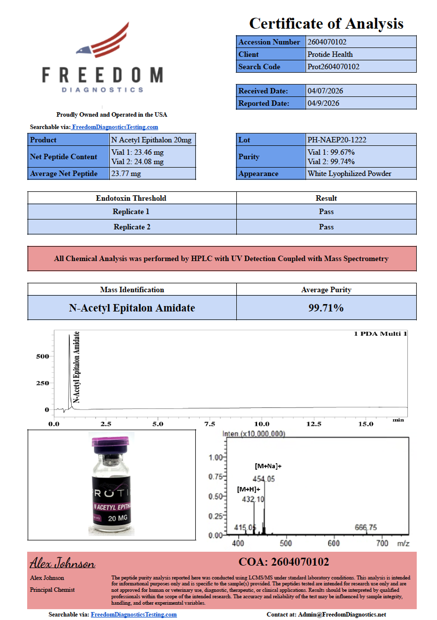 Source COA scan, N Acetyl Epithalon 20mg lot PH-NAEP20-1222
