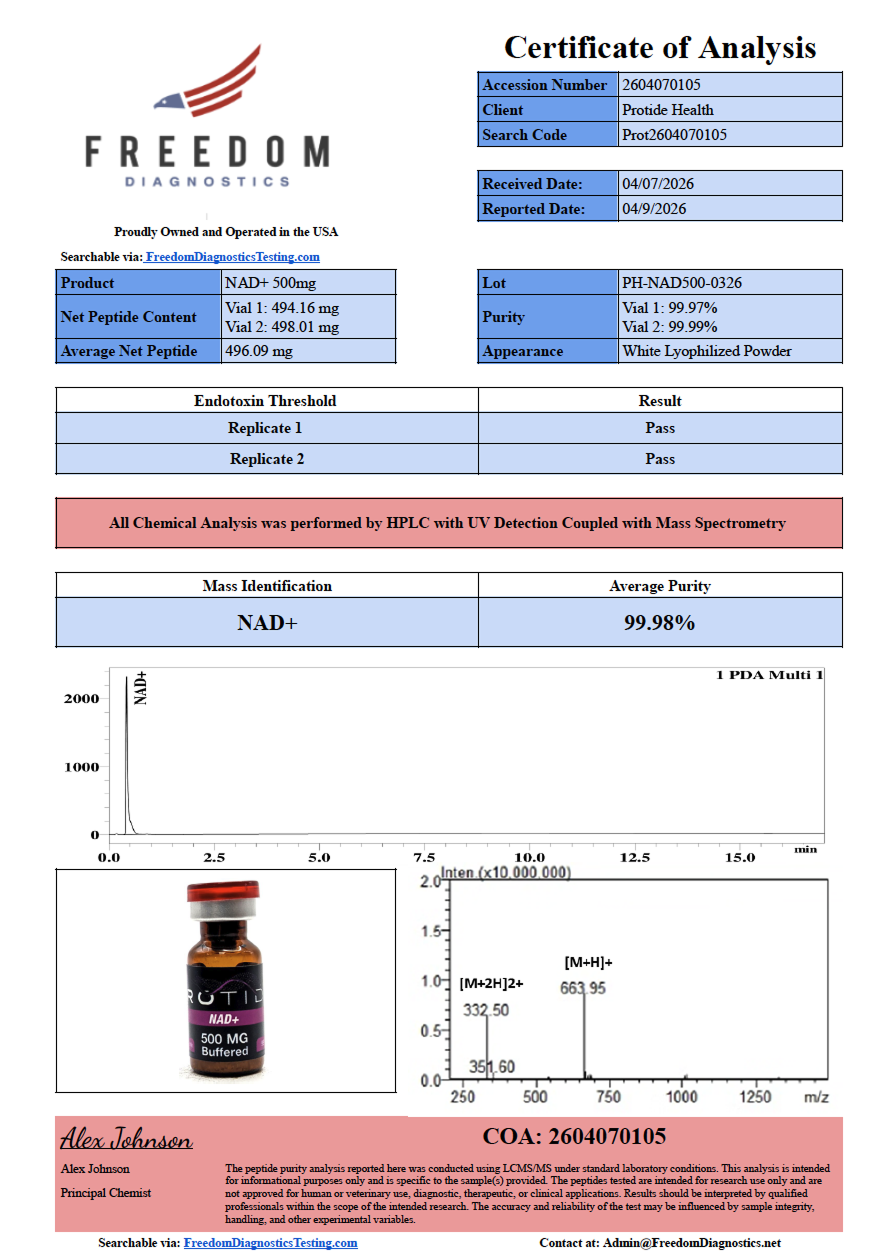 Source COA scan, NAD+ Buffered 500mg lot PH-NAD500-0326