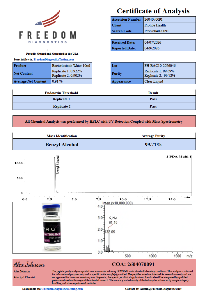 Source COA scan, 0.9% Benzyl Alcohol 10ml lot PH-BAC10-2026046